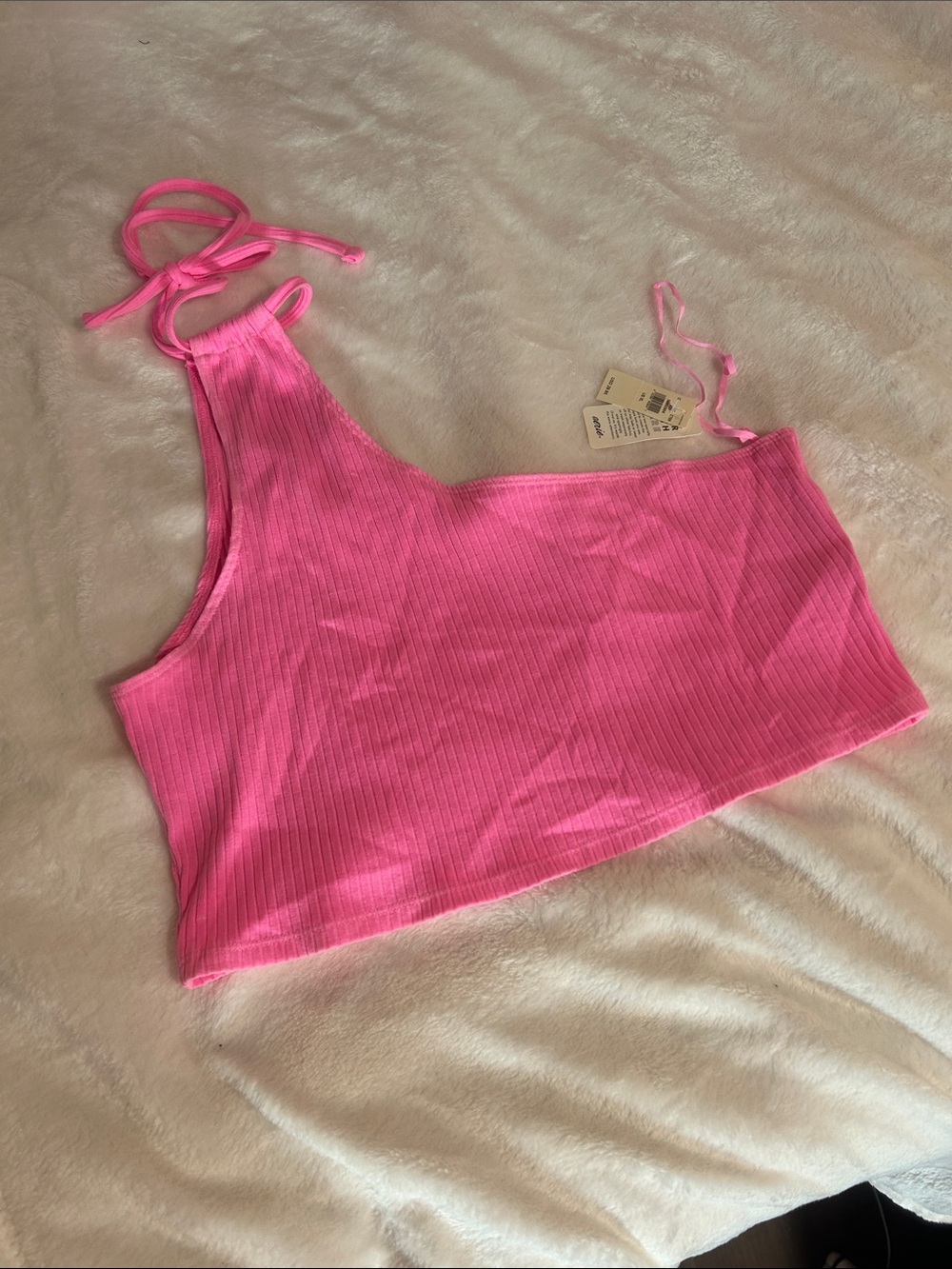 aerie Hot Pink Ribbed One-Shoulder Tie Crop Top